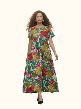 YesNo Floral Cotton Boho Tiered Maxi Dress Pockets Size S